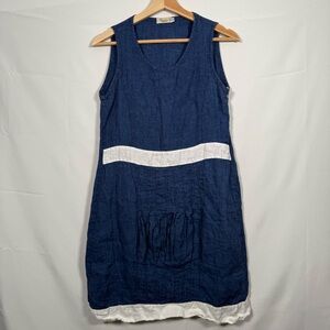 Vanity Denim Blue and White Linen Dress Made in Italy size‎ S